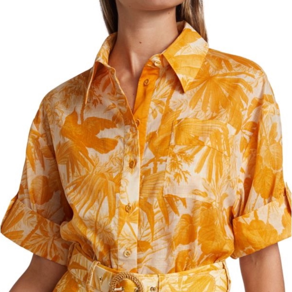 Zimmermann Orange Floral Short-Sleeve Button-Down Shirt
